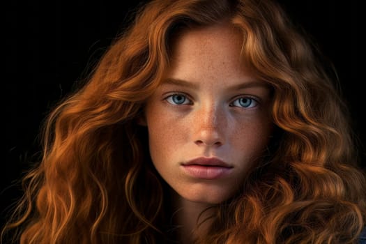 A striking portrait of a girl with freckles against a black background, exuding beauty and individuality