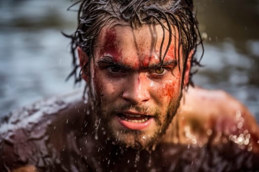 A powerful photo capturing a resilient boy courageously moving forward amidst the muddy battleground.