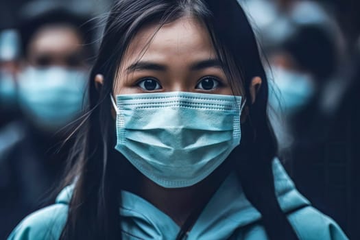 Asian Girl Wearing Medical Mask While Tackling Global Pandemic, Image For Medical and Health Concepts
