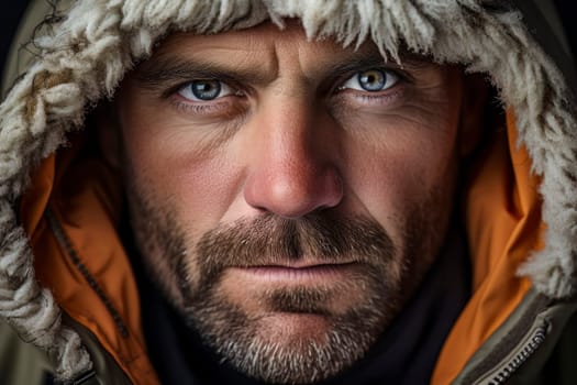 Close-up of a determined mountaineer, showcasing resilience in a challenging environment