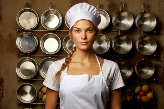 Young blonde girl showing off her culinary skills as a chef in a professional kitchen.