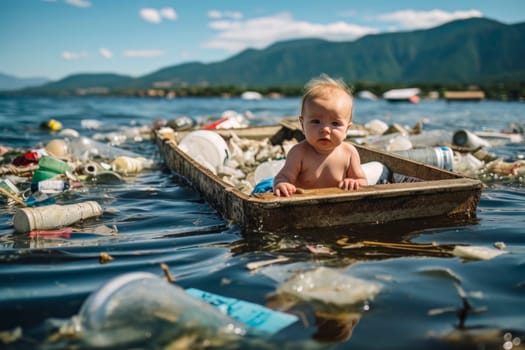 A Caucasian child bathes in the sea amongst trash, symbolizing environmental pollution