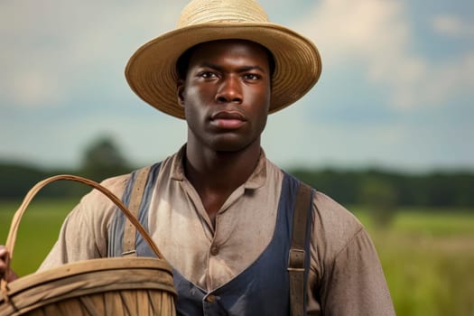 Historically inspired image of a black man working in fields, a stark symbol of slavery.