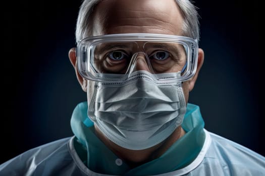 Close-up portrait of an elderly doctor wearing a medical mask, symbolic of healthcare resilience.