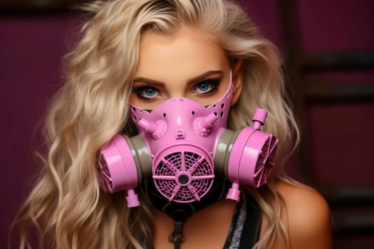 Close-up of a stylish blonde girl wearing a pink gas mask, symbolizing fashion and global pollution