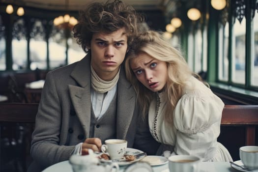 A young couple in historical attire drinking tea at a table, looking visibly surprised