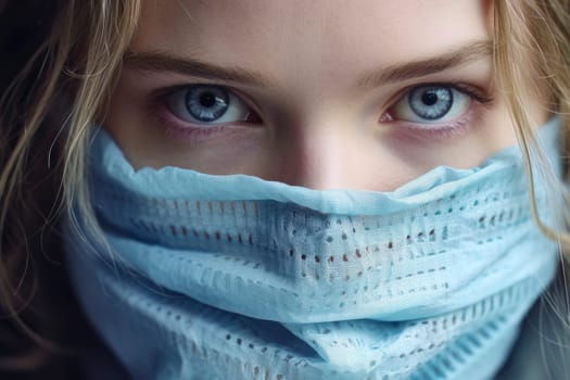 Young girl in a medical mask, symbolizing censorship during the pandemic by a corrupt government