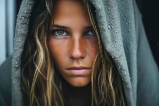 Portrait of a young girl standing in the rain, her face showing sadness.