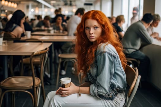 A single girl sitting alone in a diner, sipping coffee, captured in a candid moment.