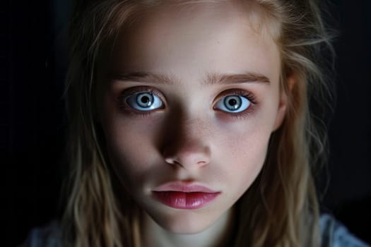 A captivating close-up portrait of a young girl with wide-open eyes.