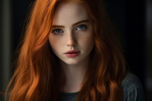 Captivating close-up portrait of a redhead girl with freckles, showcasing her unique beauty.