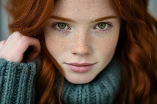 Captivating close-up portrait of a redhead girl with freckles, showcasing her unique beauty.