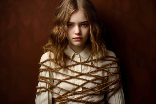 A powerful image depicting a sorrowful girl bound, representing the stifling of young generations' potential.