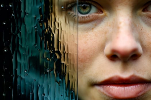 An intimate close-up photo capturing a captivating girl as she gazes through the glass.