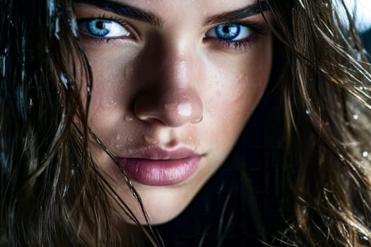 A mesmerizing close-up portrait of a girl with striking blue eyes and waterdrops on her face.