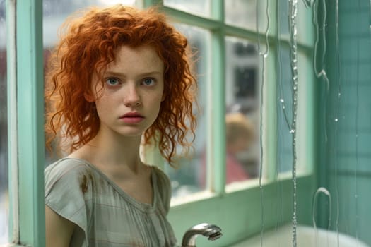 An intense photo capturing the emotions of a redhead girl facing an intruder in her own house