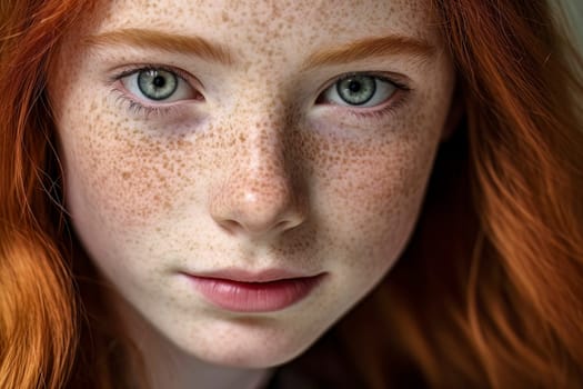 Captivating close-up portrait of a redhead girl with freckles, showcasing her unique beauty.