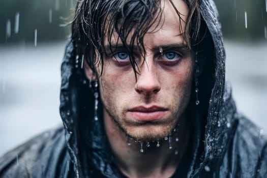 A powerful image capturing a young boy standing in the rain, symbolizing resignation and acceptance.