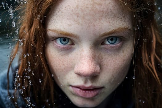 Captivating close-up portrait of a redhead girl with freckles, showcasing her unique beauty.