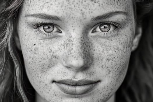 An enchanting close-up black and white portrait of a girl with captivating freckles.