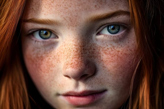 Captivating close-up portrait of a redhead girl with freckles, showcasing her unique beauty.