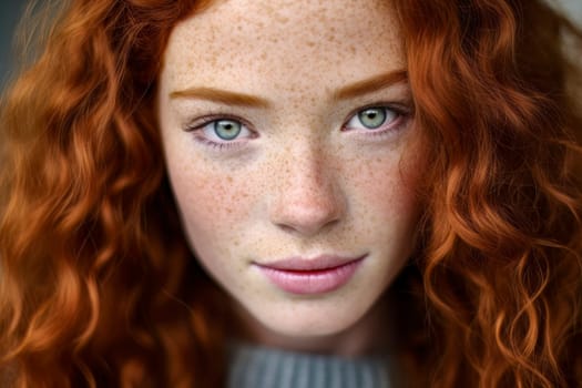 Captivating close-up portrait of a redhead girl with freckles, showcasing her unique beauty.