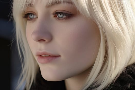 A striking close-up portrait of a captivating platinum blonde girl, radiating elegance and beauty.