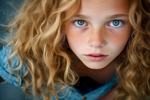 Captivating close-up portrait of a redhead girl with freckles, showcasing her unique beauty.