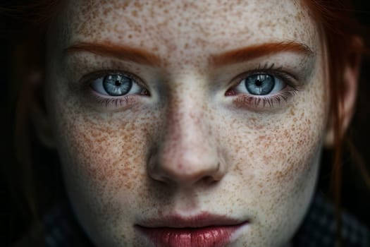 Captivating close-up portrait of a redhead girl with freckles, showcasing her unique beauty.