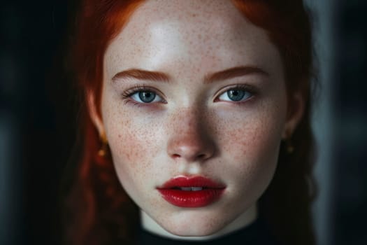 Captivating close-up portrait of a redhead girl with freckles, showcasing her unique beauty.