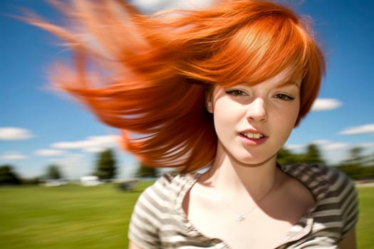 This captivating close-up portrait depicts an exhausted redhead girl with closed eyes, embodying the symbol of burnout, as her hair flows gracefully