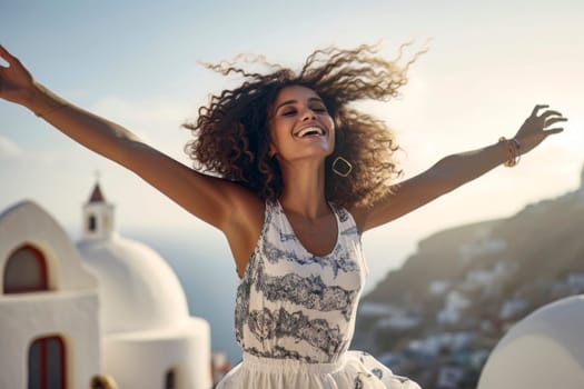 Capture the essence of a carefree summer vacation in Greece with this image of a joyous woman dancing and expressing pure happiness.