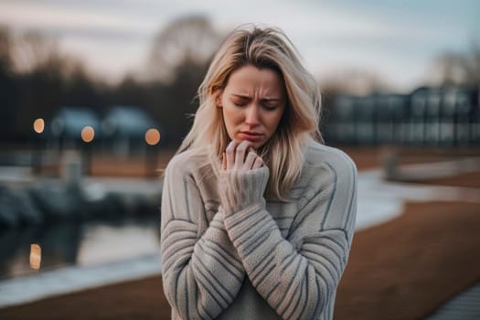 A poignant portrait capturing the sorrow and solitude of a young blonde girl.