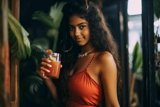 An image featuring a happy and beautiful girl holding a drink at a luxurious resort, representing the essence of a serene and rejuvenating holiday.