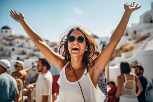 Capture the essence of a carefree summer vacation in Greece with this image of a joyous woman dancing and expressing pure happiness.