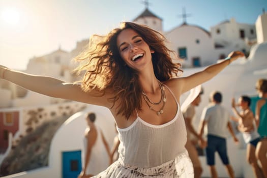 Capture the essence of a carefree summer vacation in Greece with this image of a joyous woman dancing and expressing pure happiness.
