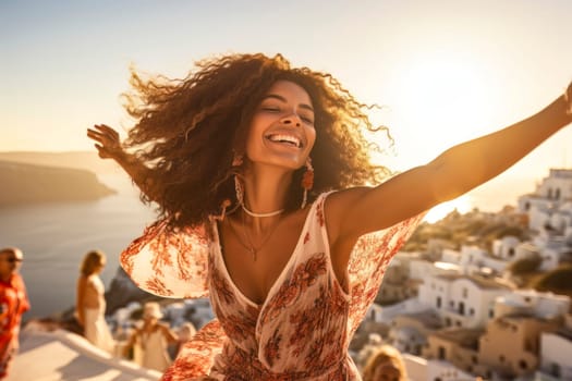 Capture the essence of a carefree summer vacation in Greece with this image of a joyous woman dancing and expressing pure happiness.