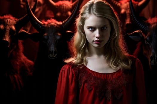 Unleash the power and mystery with this captivating image of a blonde girl who commands demons.