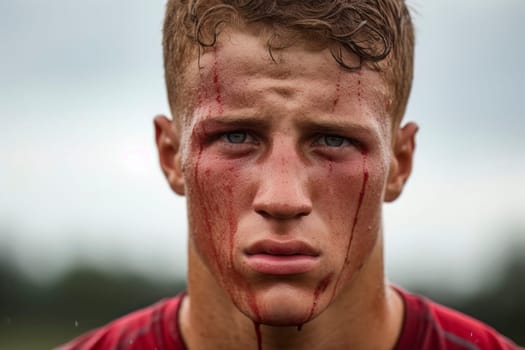 A dynamic close-up shot capturing the intensity of a football player with mud on his face.