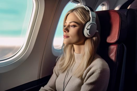 Experience the joy of travel and music with this image of a happy girl wearing headphones on an airplane