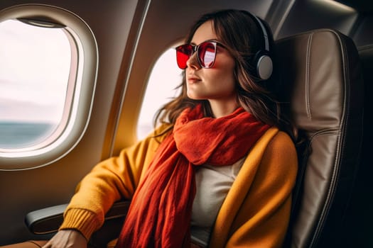 Experience the joy of travel and music with this image of a happy girl wearing headphones on an airplane