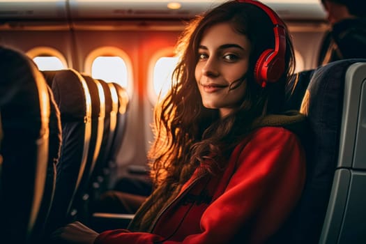 Experience the joy of travel and music with this image of a happy girl wearing headphones on an airplane