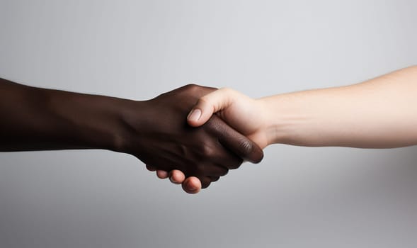 Black skinned and white skinned shaking hands.Handshake between African American man and Caucasian woman pose over gray background, greet each other, demonstrate international relationship. Close up shot. Shaking hands copy space space for text