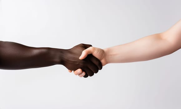 Black skinned and white skinned shaking hands.Handshake between African American man and Caucasian woman pose over gray background, greet each other, demonstrate international relationship. Close up shot. Shaking hands copy space space for text