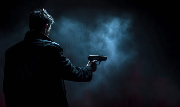 Killer with gun in the dark shadow.Cool aggressive man pointing a gun ,dark black background and copy space Criminal space for text