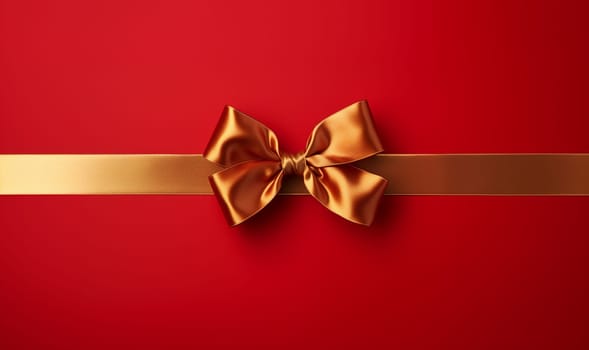 Shiny gold bow and ribbon on Christmas red background, Christmas gift,present,greeting card,holiday concept top view Merry Christmas