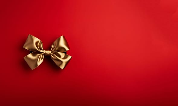 Shiny gold bow and ribbon on Christmas red background, Christmas gift,present,greeting card,holiday concept top view Merry Christmas