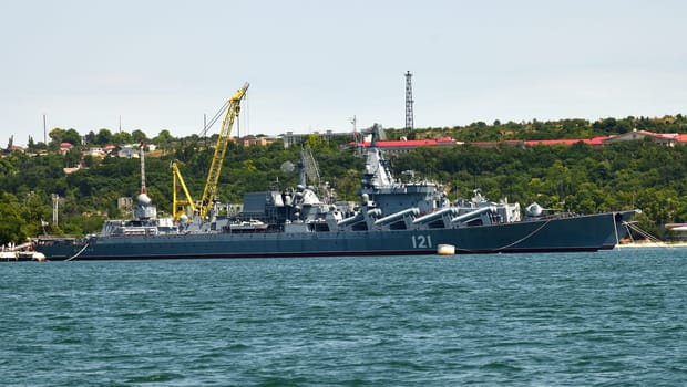 Sevastopol, Crimea - July 3, 2019. number 121 missile cruiser Moskva of the Black Sea Fleet of Russia