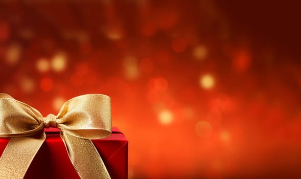 Stylish red christmas gift with golden ribbon and bow against bokeh lights background copy space Merry Christmas,festive, Holiday concept space for text