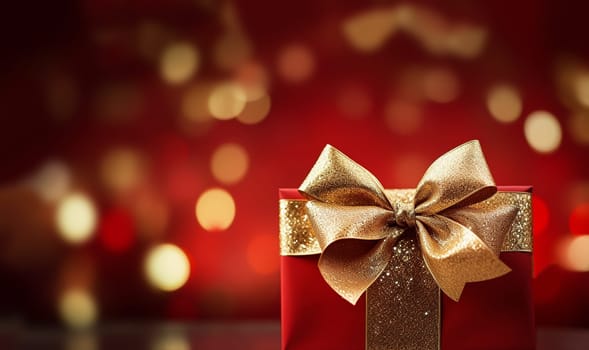 Stylish red christmas gift with golden ribbon and bow against bokeh lights background copy space Merry Christmas,festive, Holiday concept space for text